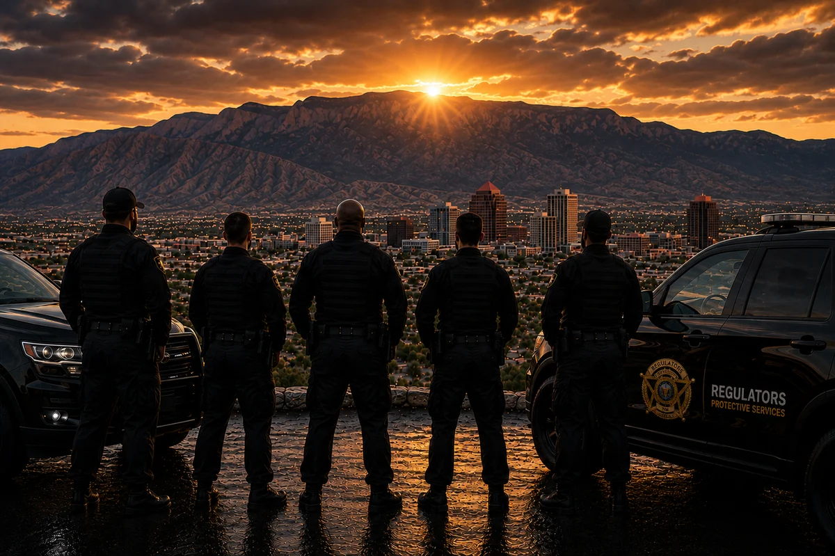 Uniformed figures and Regulators-branded vehicles overlooking Albuquerque and the mountains.